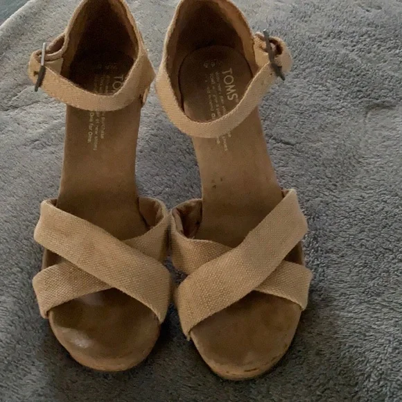 Shoes | Beige Canvas Toms Wedges With Cork Heal Worn Just A  display picture 2